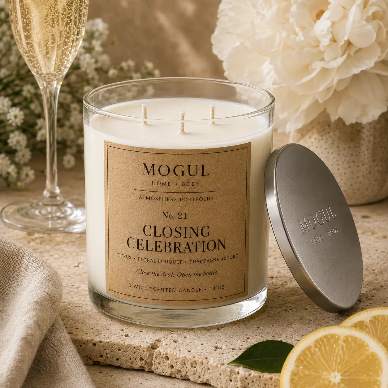 Closing Celebration three-wick candle by Mogul Home + Body