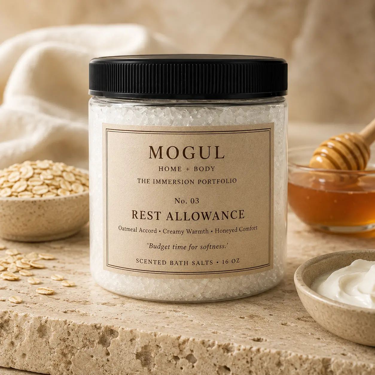Rest Allowance scented bath salts by Mogul Home + Body