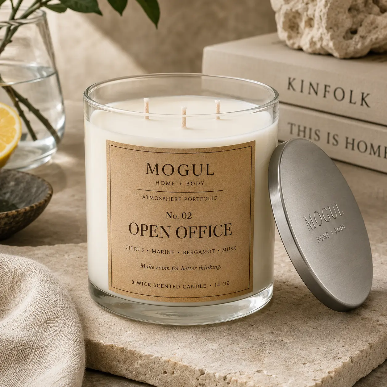 Open Office three-wick candle by Mogul Home + Body