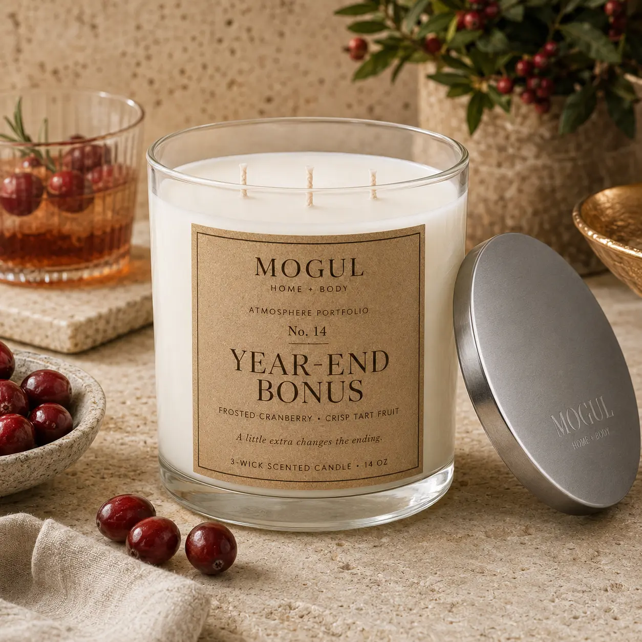 Year-End Bonus three-wick candle by Mogul Home + Body