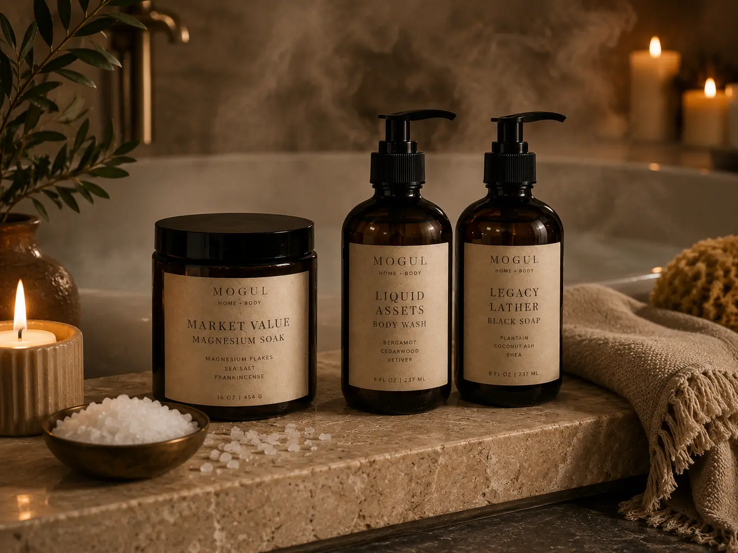Handmade Mogul cleansing bars styled on travertine and linen