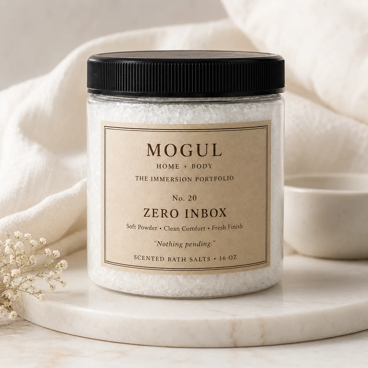 Zero Inbox scented bath salts by Mogul Home + Body