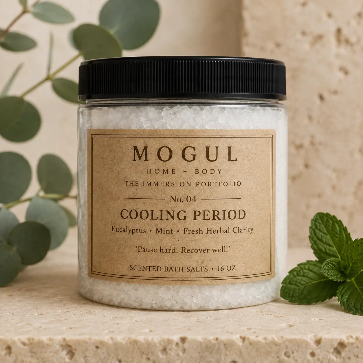 Cooling Period scented bath salts by Mogul Home + Body