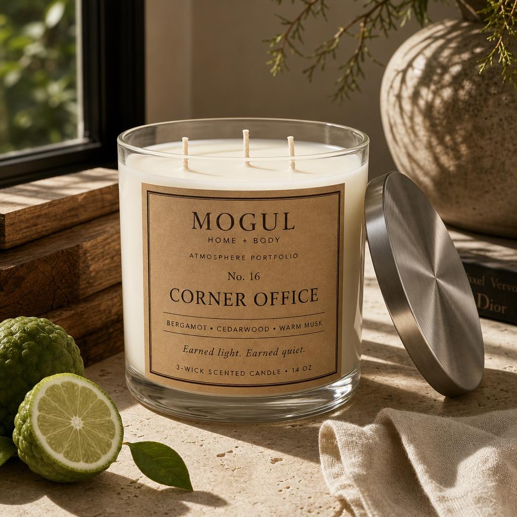 Corner Office three-wick candle by Mogul Home + Body