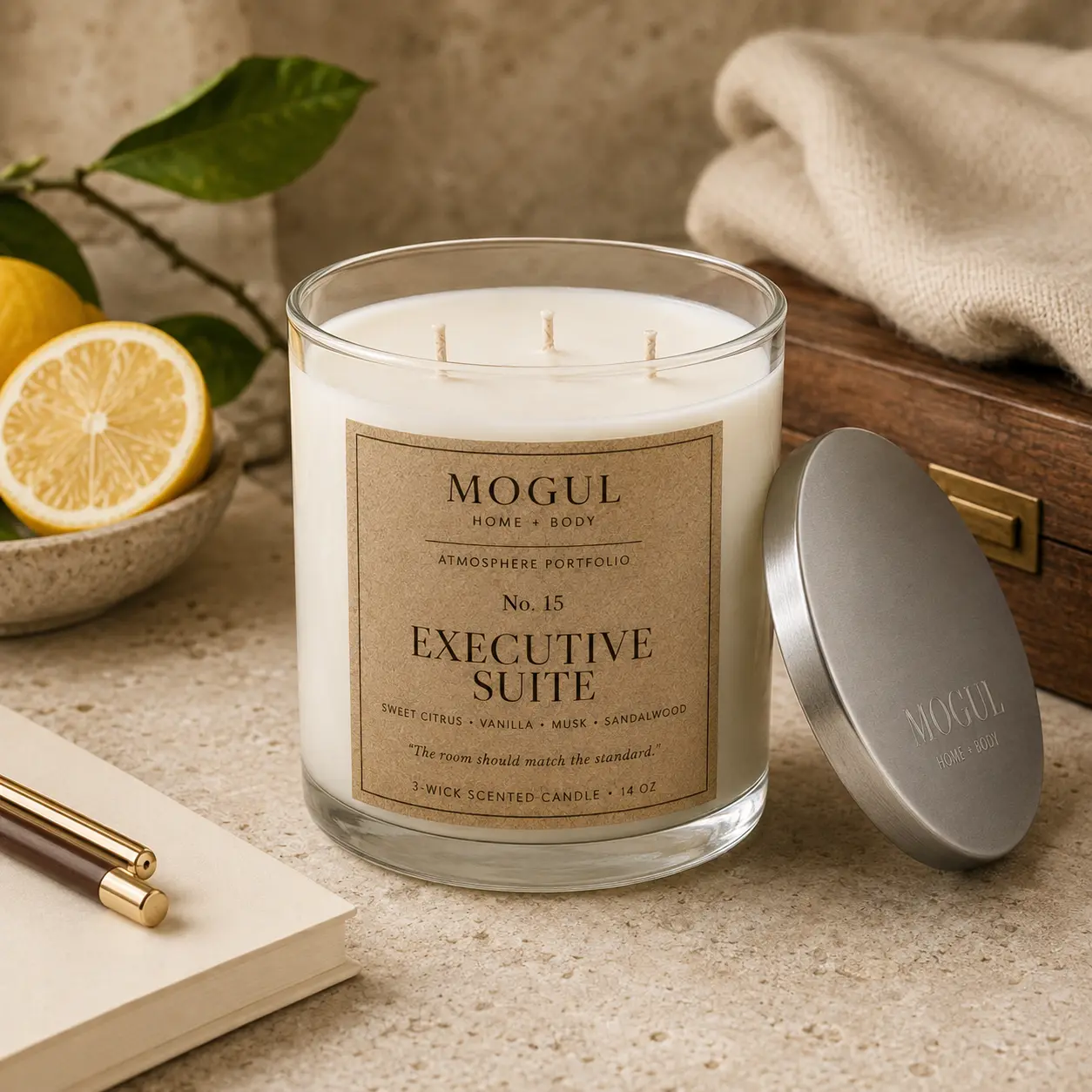 Executive Suite three-wick candle by Mogul Home + Body