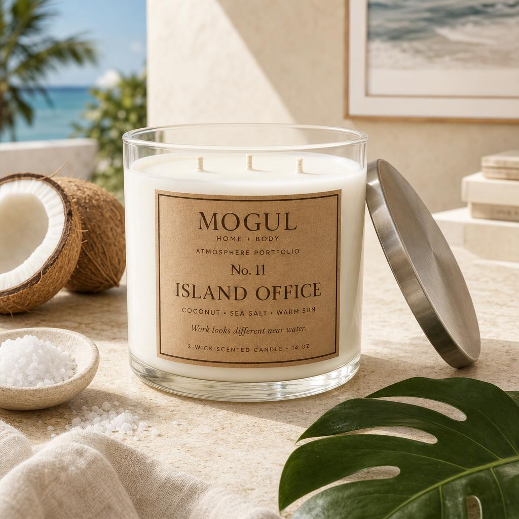 Island Office three-wick candle by Mogul Home + Body