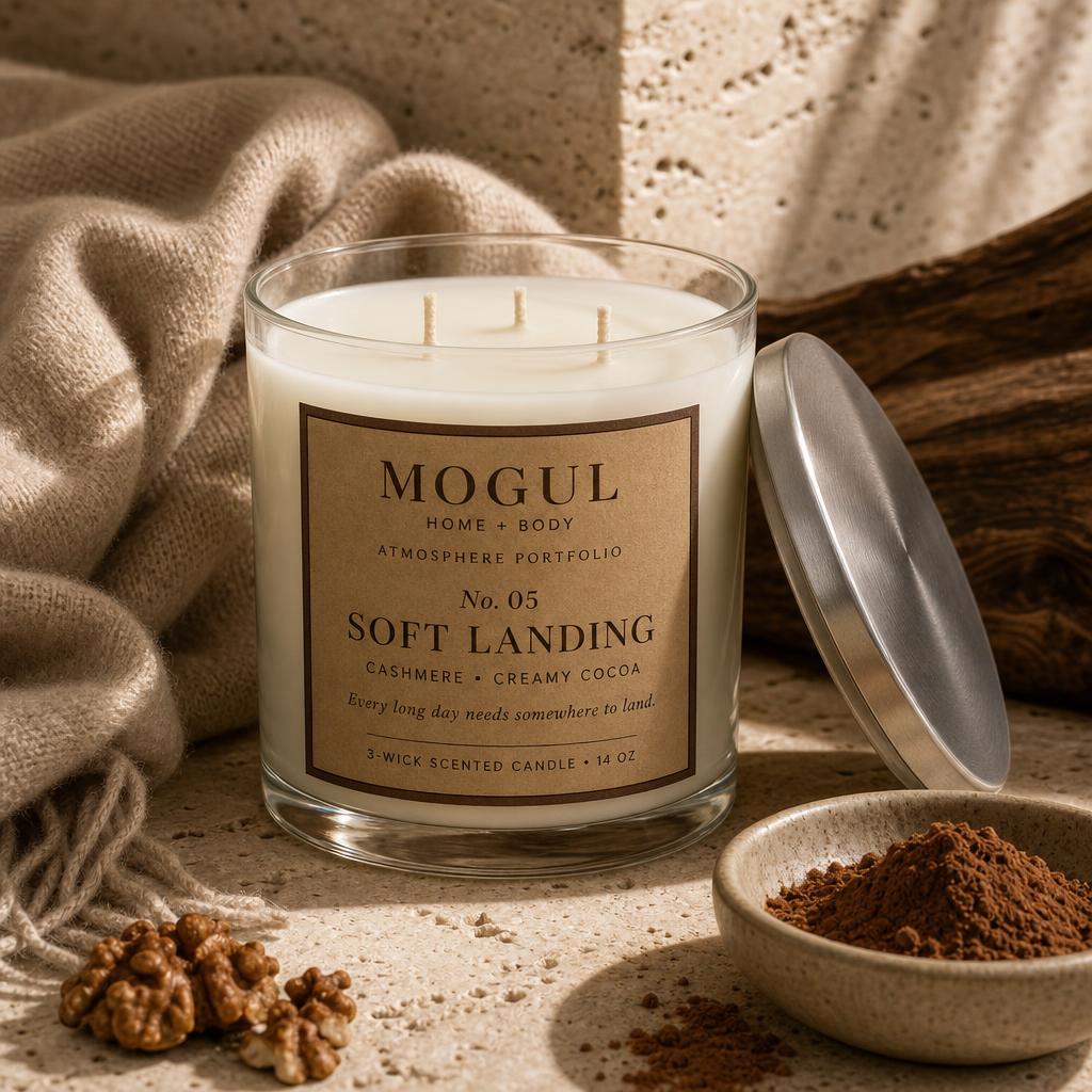Soft Landing three-wick candle by Mogul Home + Body