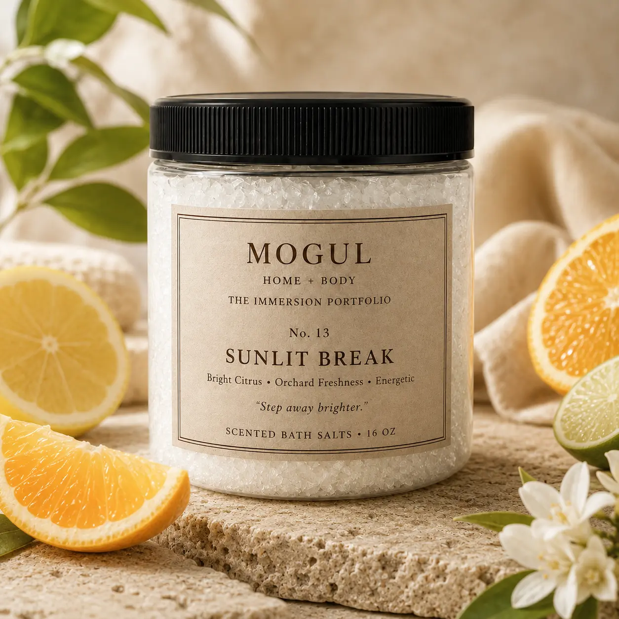 Sunlit Break scented bath salts by Mogul Home + Body