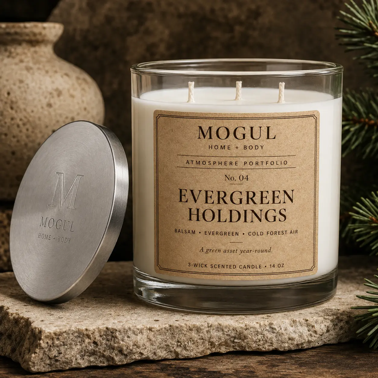 Evergreen Holdings three-wick candle by Mogul Home + Body