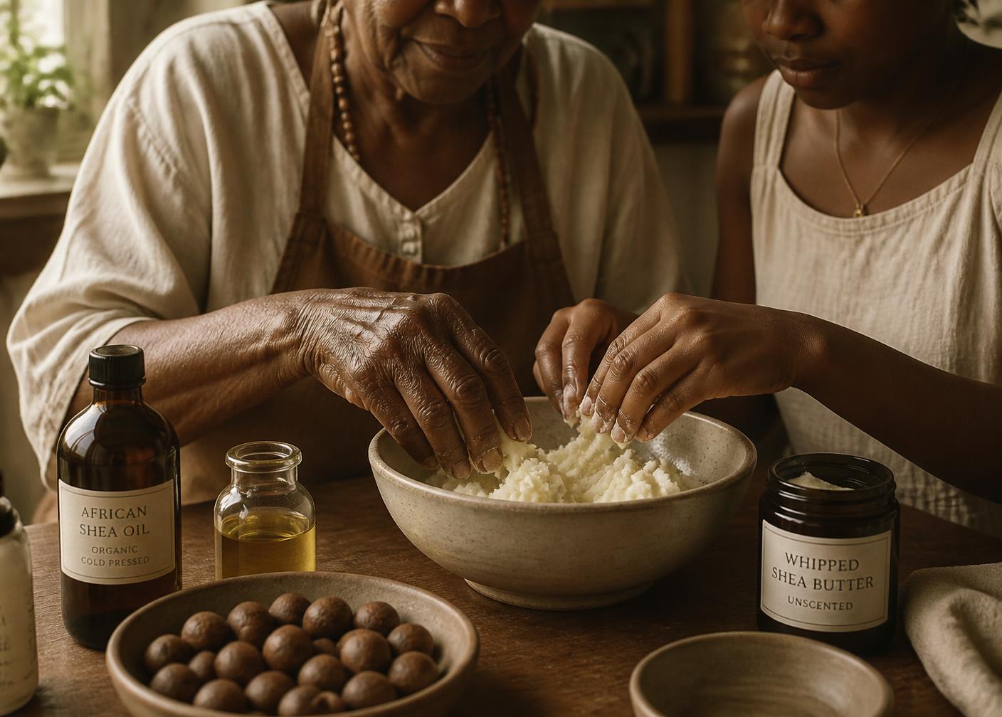 A grandmother and granddaughter whipping shea butter together at a kitchen table